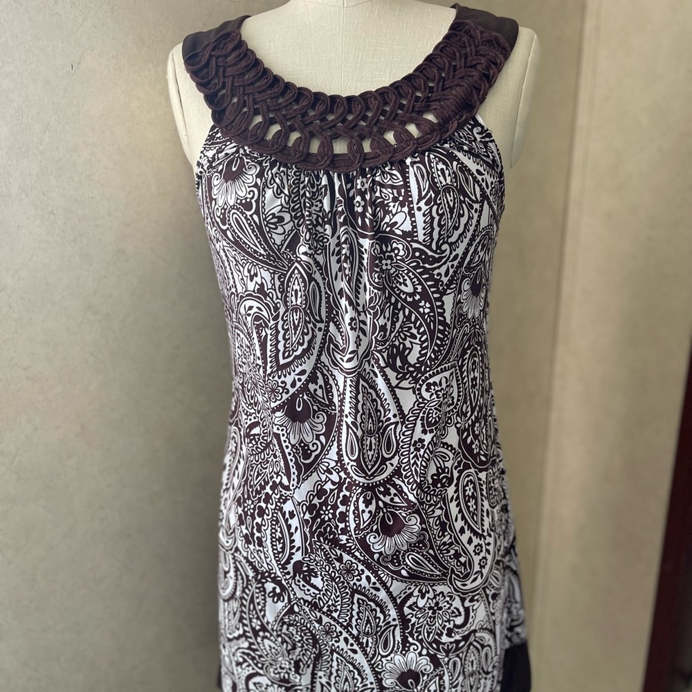 Y2k Wrapper brown white paisley print form fitting dress cute retro small